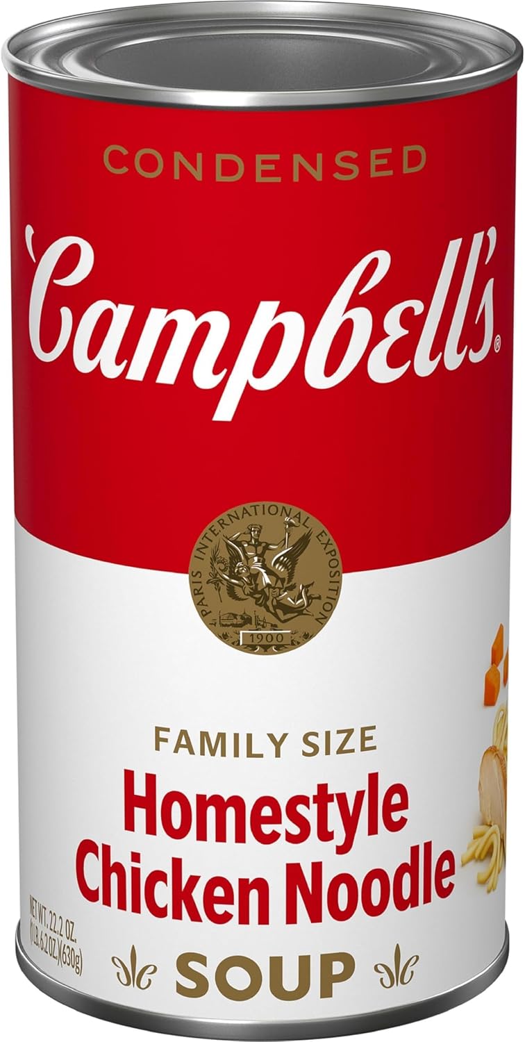Four cans of Campbell’s Condensed Chicken Noodle Soup in 10.75 oz packages, showing the soup can with label design.