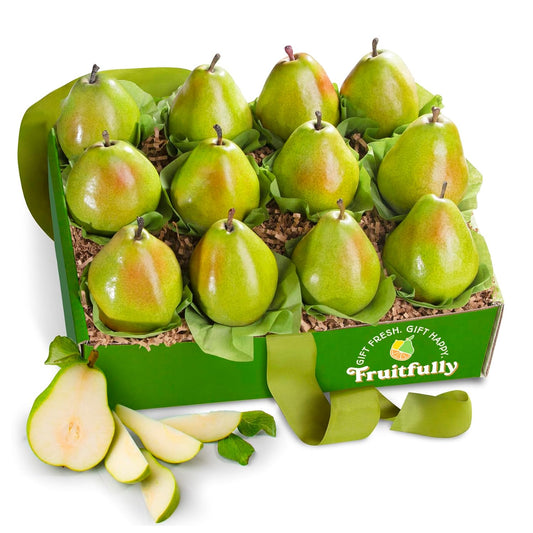 Large gift box with fresh Comice and Green D’Anjou pears, premium fruit gift basket in a signature A Gift Inside box.