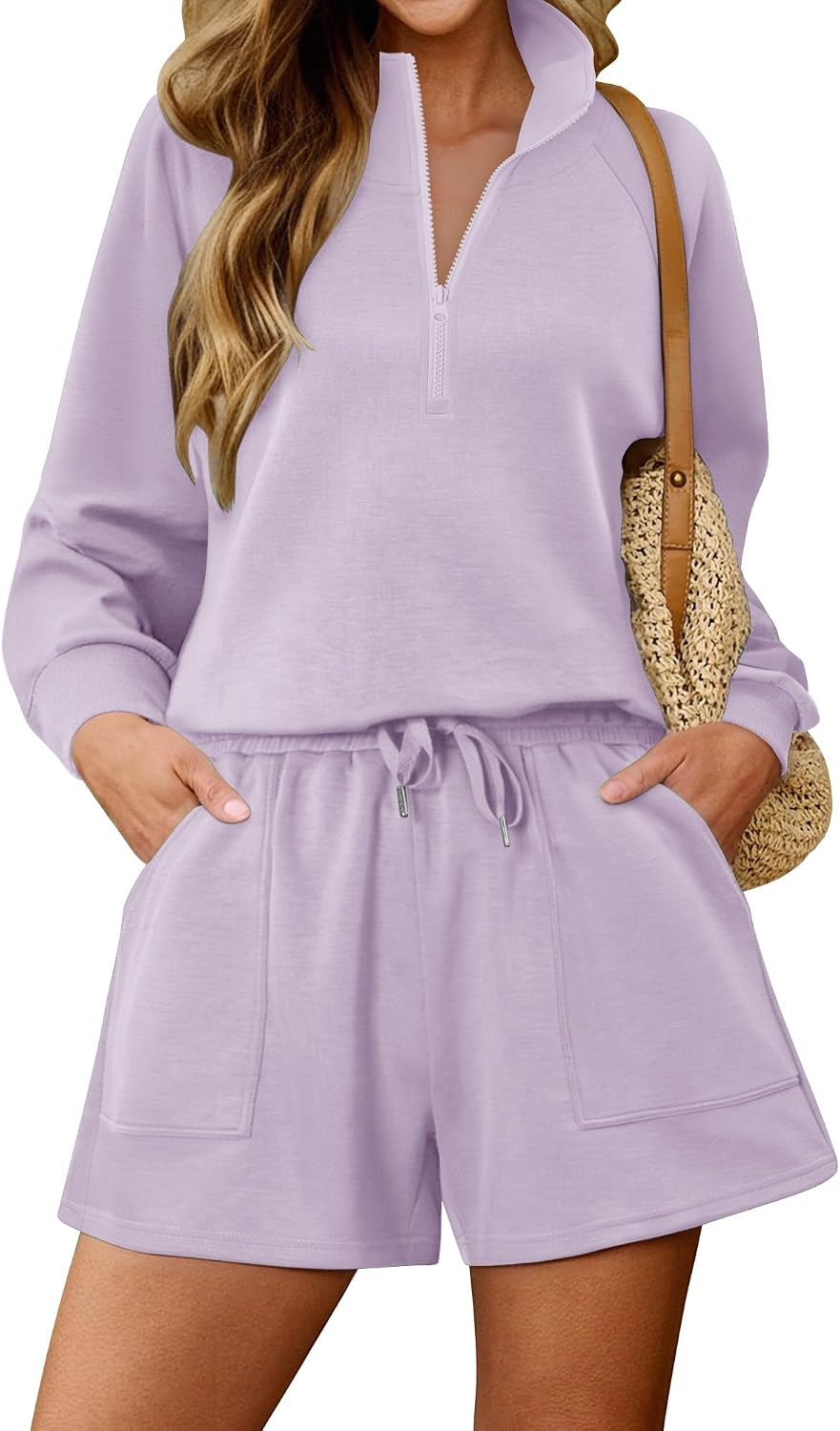 KISSMODA women’s lounge set with matching sweatshirt and shorts, comfortable casual outfit for relaxing or lounging at home.