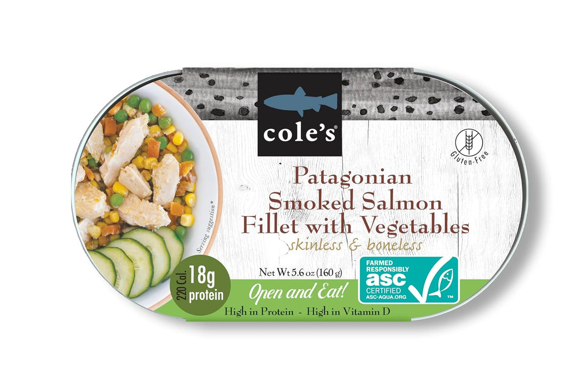 Cole’s Open & Eat Meals variety pack featuring 5.6 oz smoked salmon, trout, quinoa, and vegetables in ready-to-eat cans.