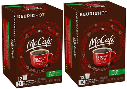 McCafe Premium Roast Decaf K-Cup coffee pods, medium roast, single serve Keurig compatible, 84-count box.