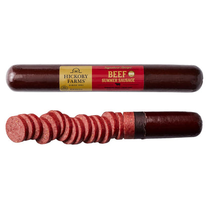 Hickory Farms Party-Size Signature Beef Summer Sausage, 26 oz, sliced for snacking and charcuterie boards, gluten-free and high protein.