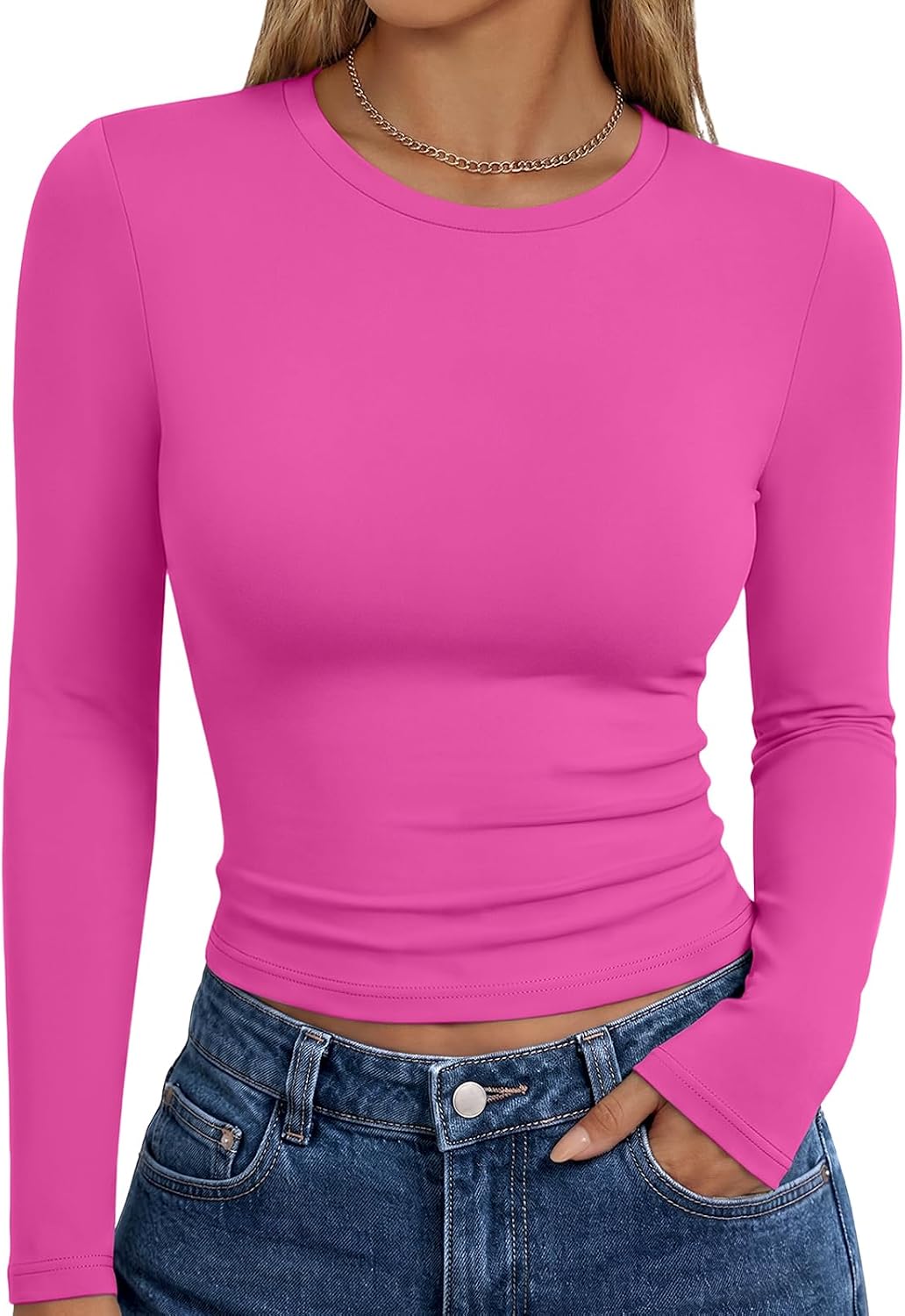 Trendy Queen women's long sleeve T-shirt with fall fashion design, basic Y2K style, shown on a model against a neutral background.