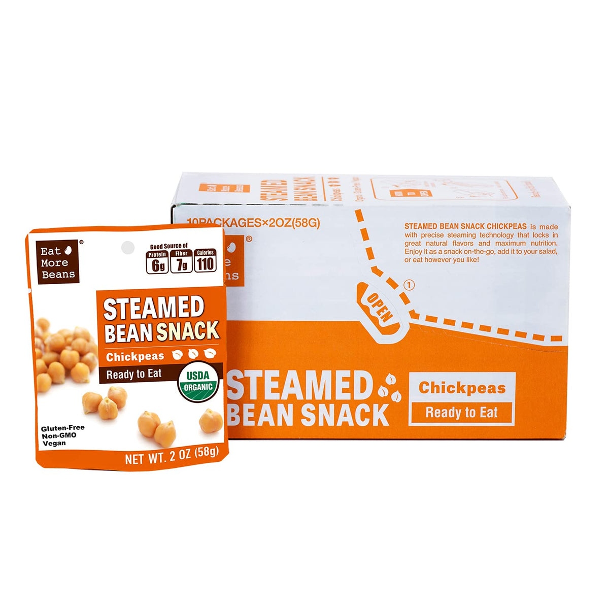 Organic steamed bean snack by Eat More Beans, featuring a colorful mix of healthy beans in a 2oz pack.