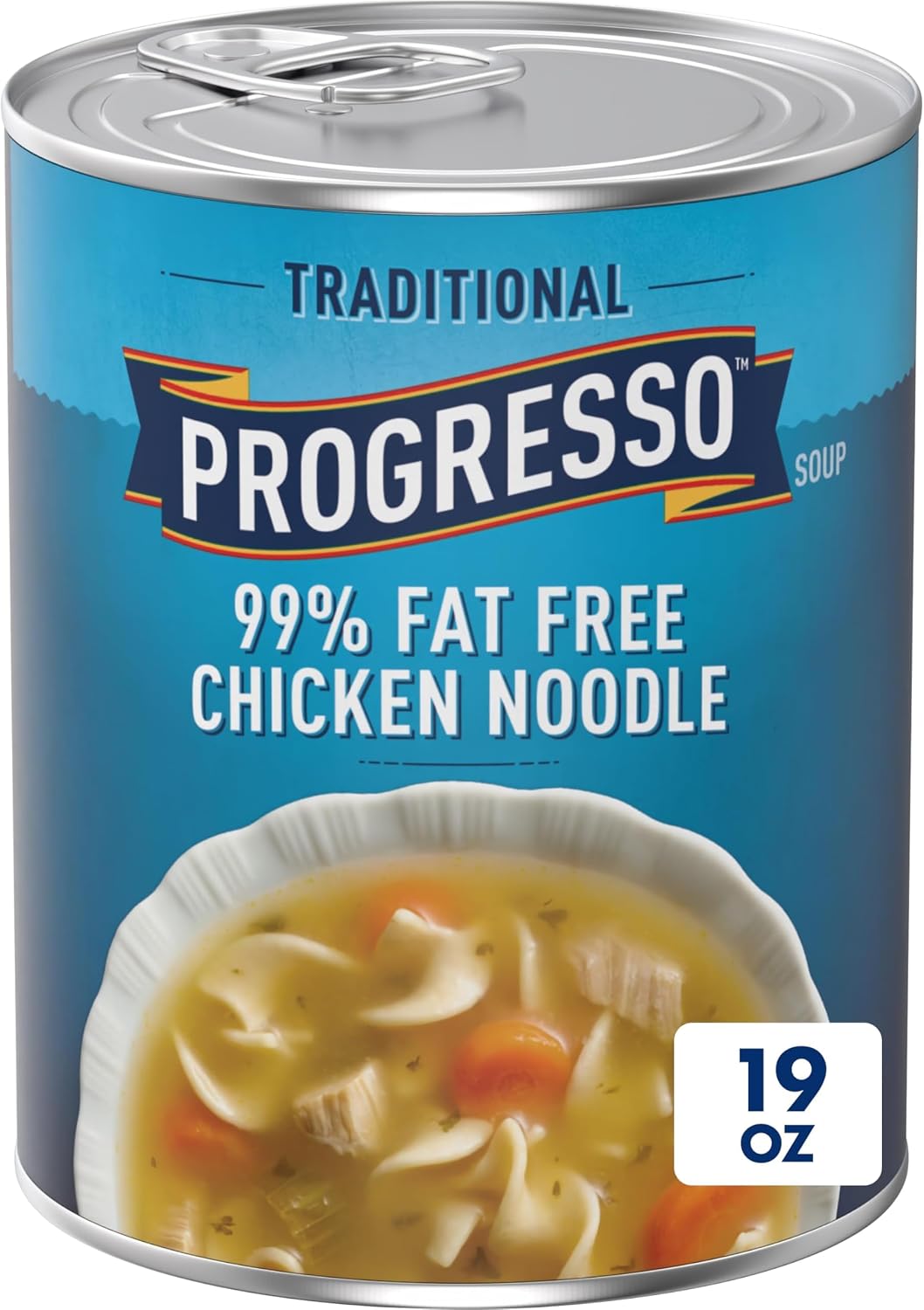 Cans of Progresso Traditional Chicken Noodle Soup, 19 oz, 4-pack, featuring labels with chicken and noodle illustrations