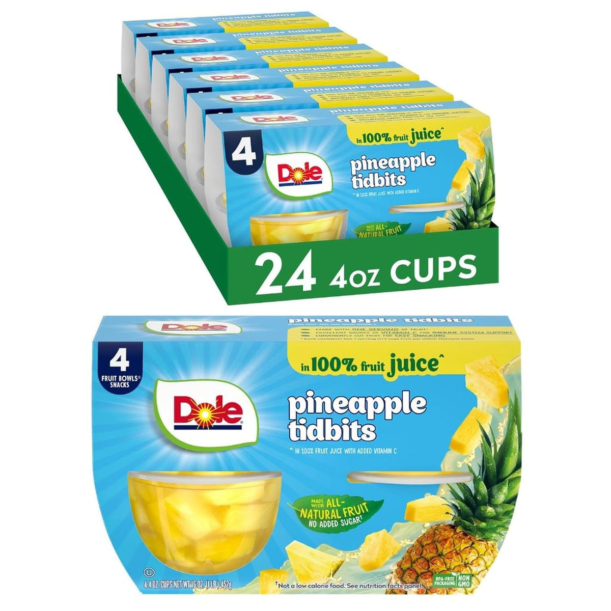 Canned Dole pineapple tidbits and tropical fruit in 4 oz bowls, 12-pack, showing fresh pineapple and mixed tropical fruits.