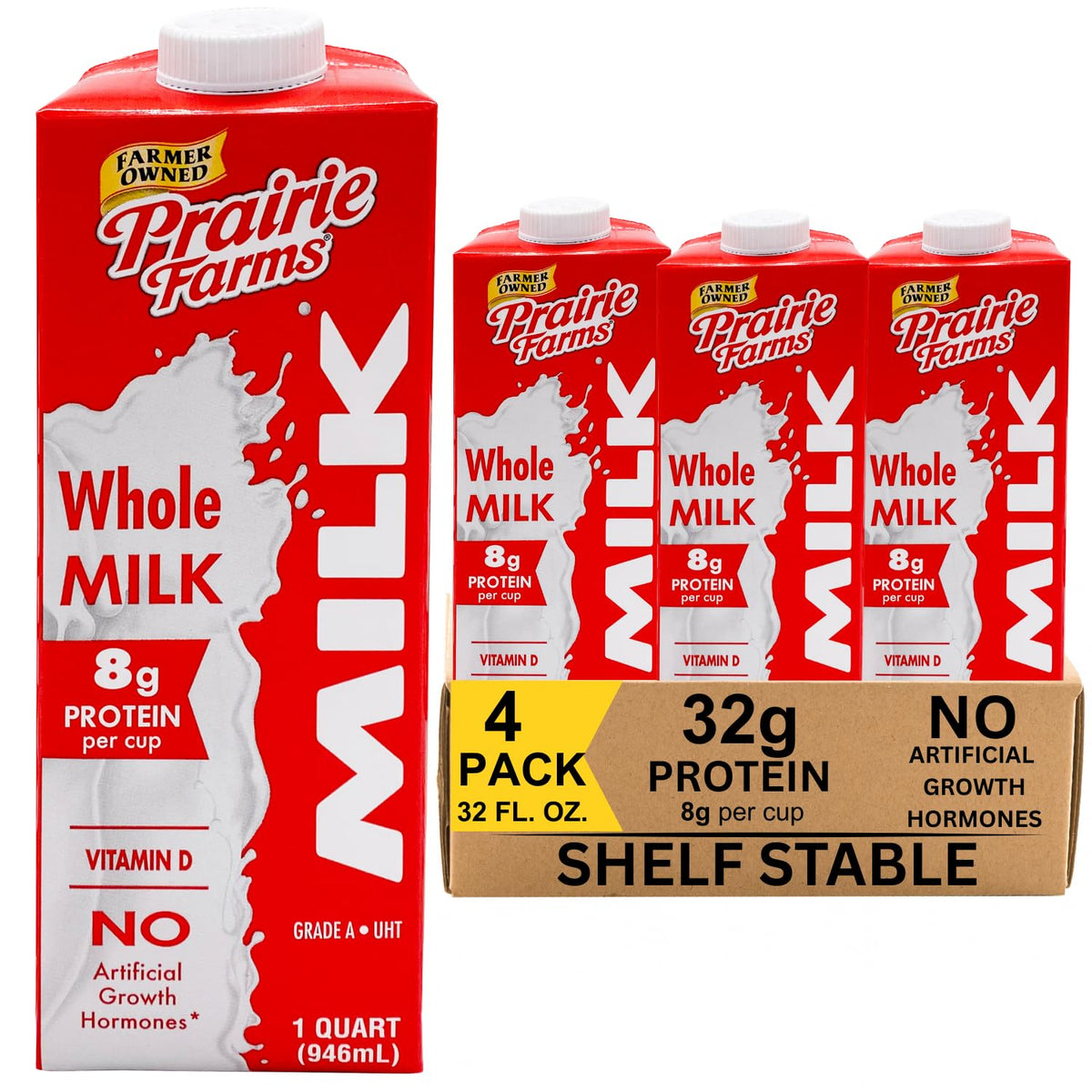 Prairie Farms shelf-stable whole milk box with Vitamin D, preservative-free, hormone-free, gluten-free, and kosher, 1 quart pack.