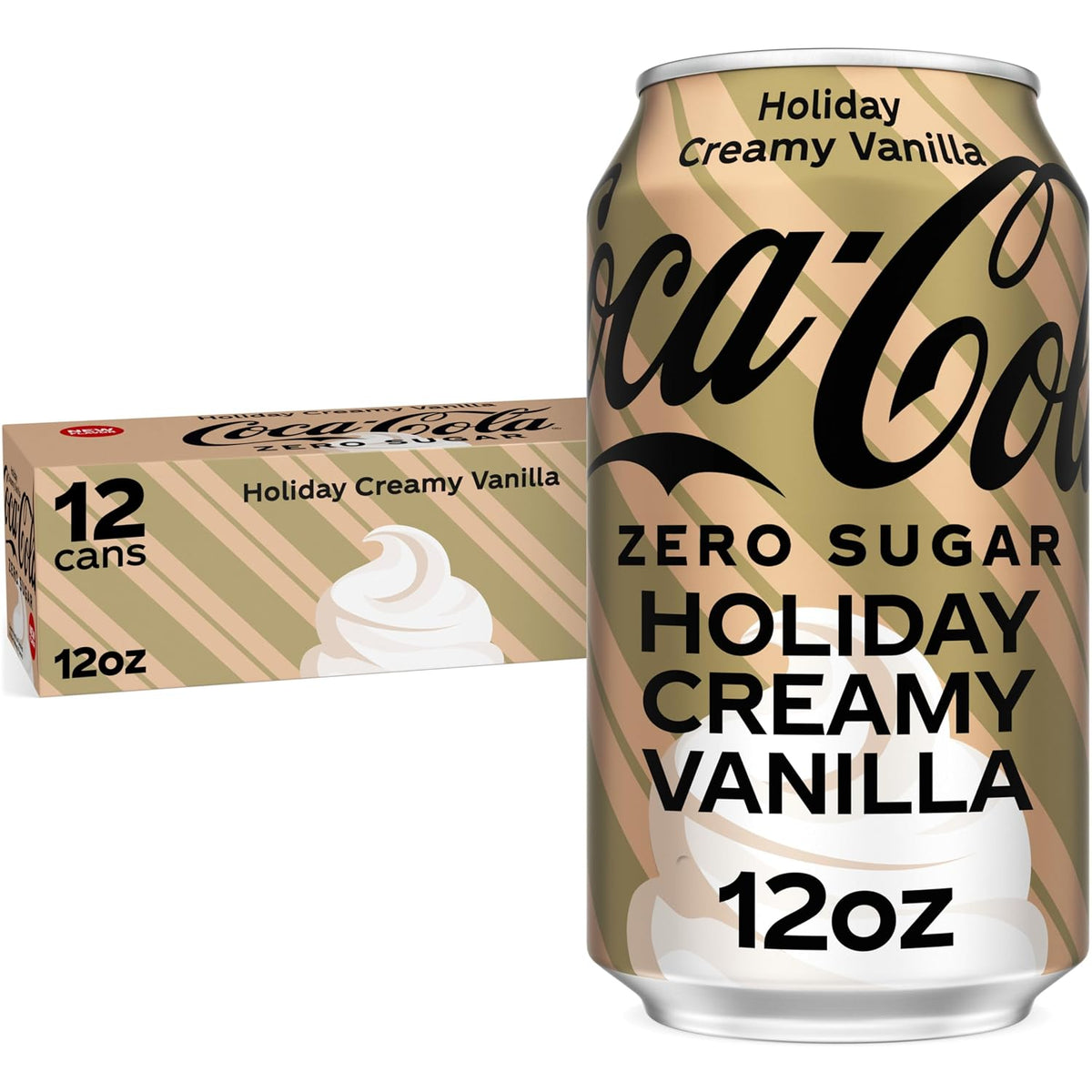 Coca-Cola Zero Sugar Diet Soda cans in 12-pack fridge pack, 12 fl oz each, with red and black branding on aluminum cans.