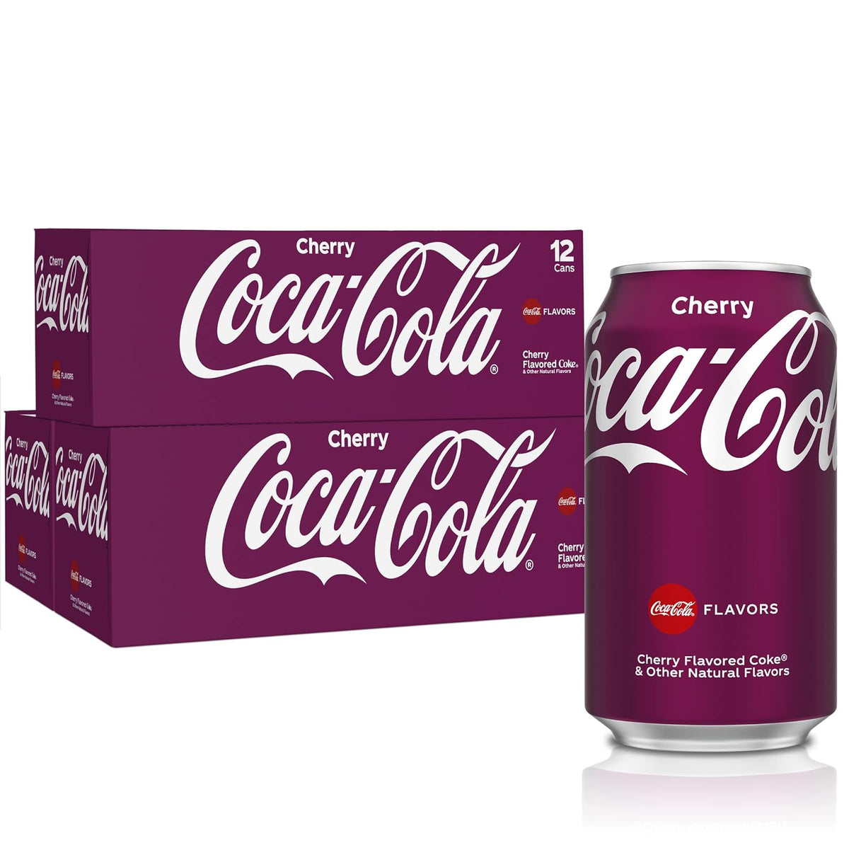 Coca-Cola Cherry soda soft drink cans, 12 fl oz, 12-pack, featuring red and black branding and cherry flavor graphics.