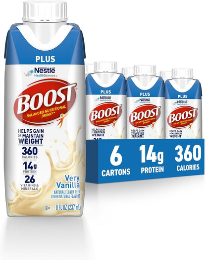 BOOST Plus Ready to Drink Nutritional Drink in Very Vanilla flavor, 24-pack, protein drink with creamy vanilla taste and convenient packaging.