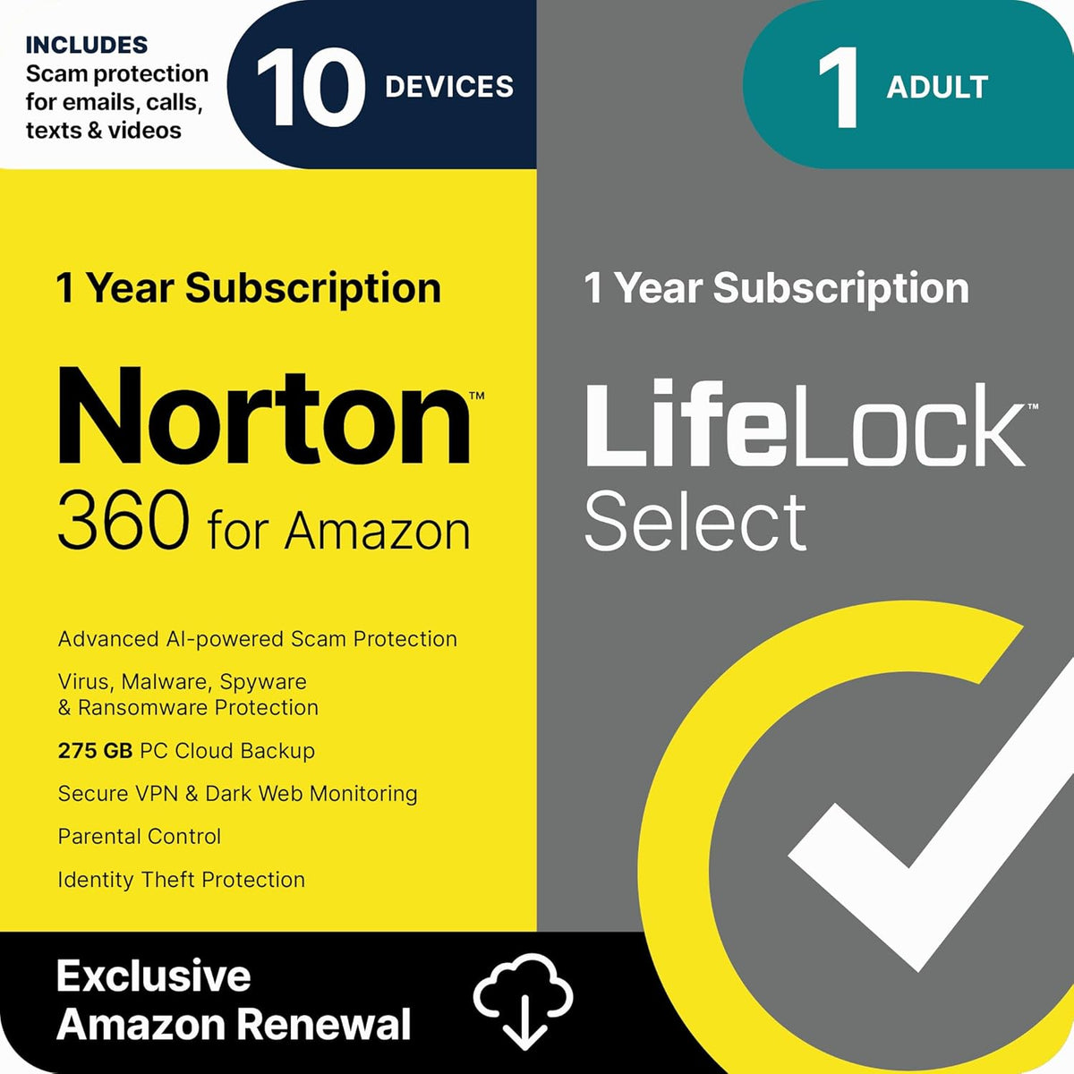 Norton 360 Premium 2027 antivirus software box for 10 devices, featuring security and auto-renewal options.