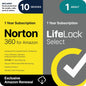 Norton 360 Premium 2027 antivirus software box for 10 devices, featuring security and auto-renewal options.