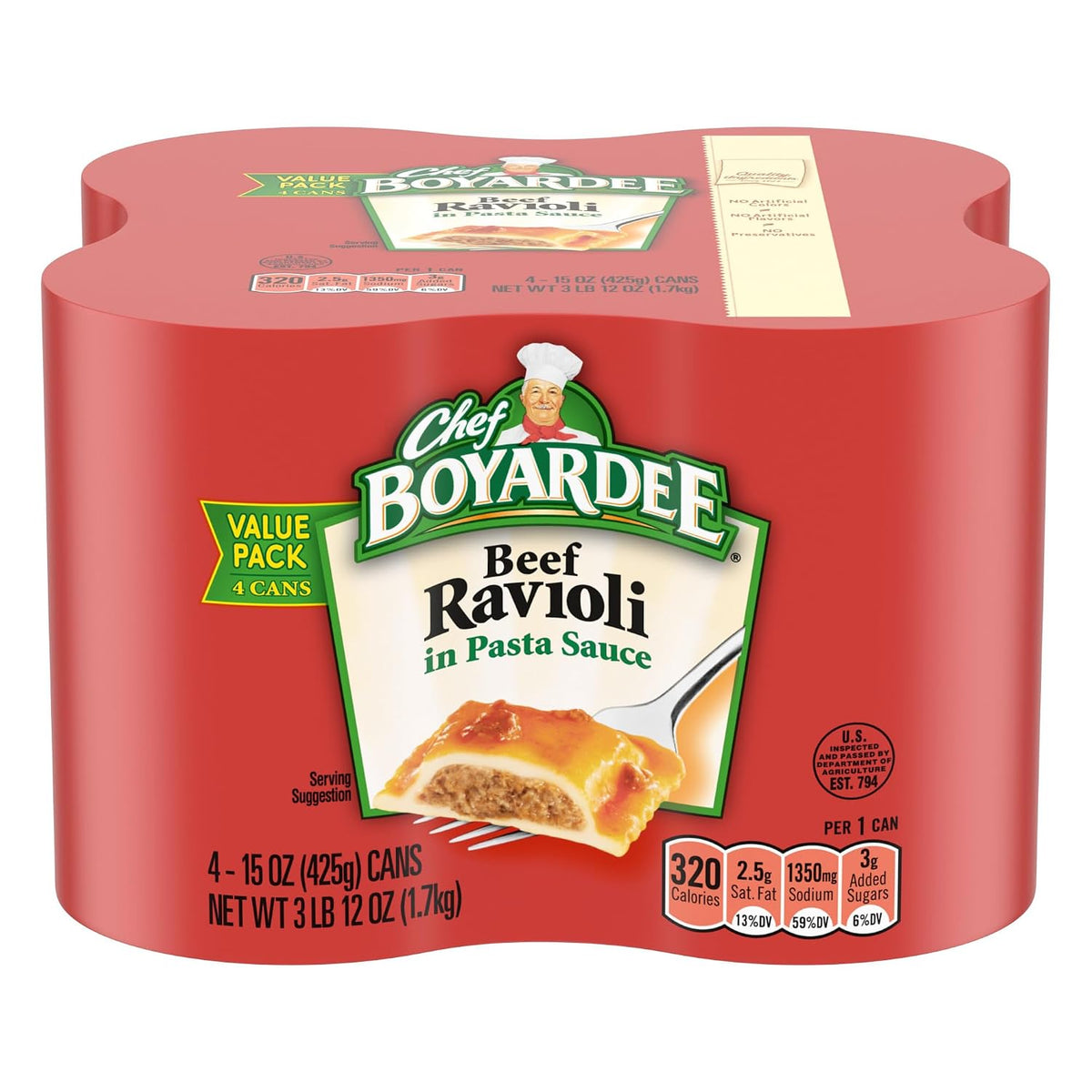 Four 15 oz cans of Chef Boyardee Beef Ravioli, packaged ready-to-eat canned pasta with beef and ravioli in tomato sauce.