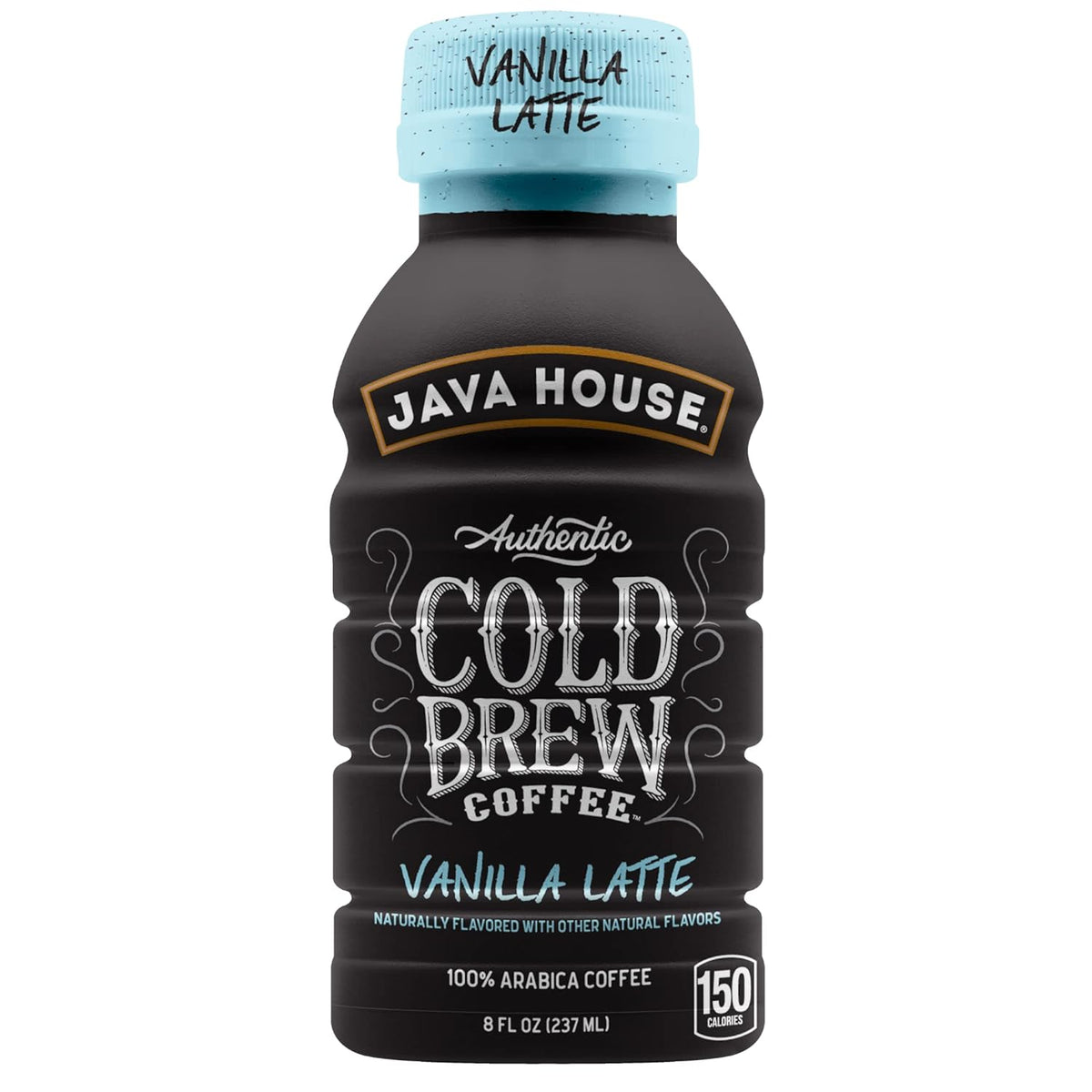 Java House Cold Brew 8oz bottles in pure black packaging, featuring sleek black coffee bottles with branding and product label.