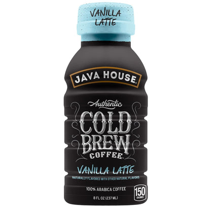 Java House Cold Brew 8oz bottles in pure black packaging, featuring sleek black coffee bottles with branding and product label.