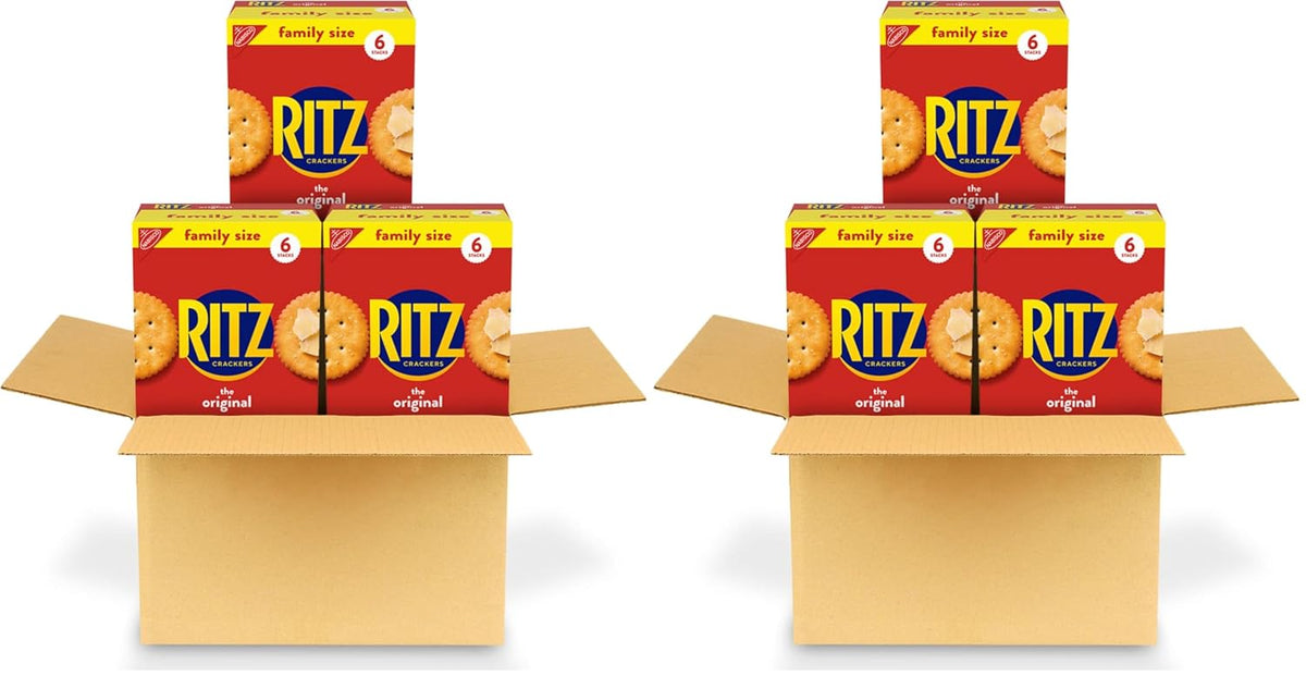 Ritz Fresh Stacks Original Snack Crackers in party size, 16 multi-pack boxes with crispy, flaky crackers for snacking.