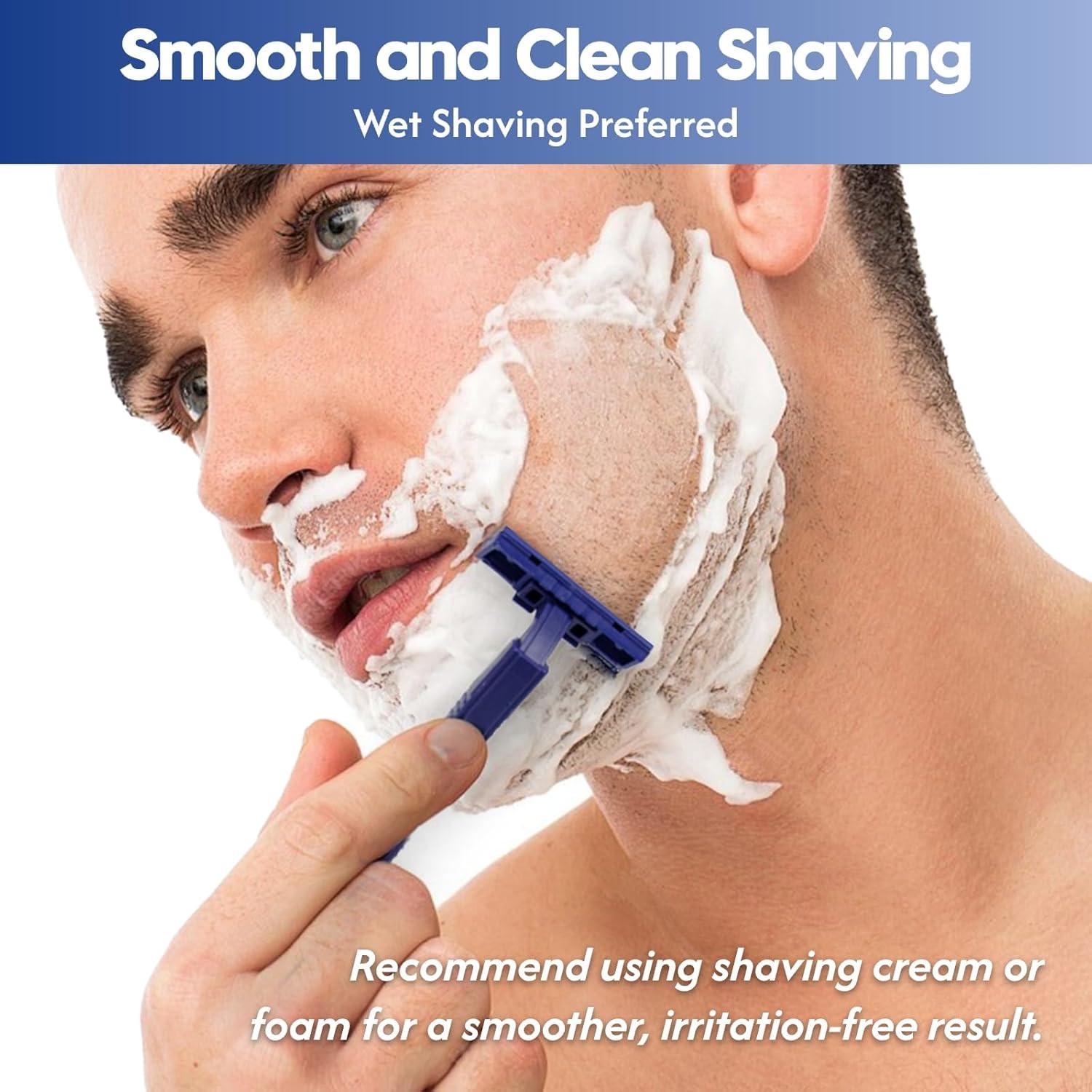 Phafaloop Twin Blade Disposable Razors for Men & Women – Bulk 60 Pack Stainless Steel Shavers with Lubricating Strip, Safety Cap & Non-Slip Handle for Sensitive Skin, Travel, Hotel, Charity – Blue.