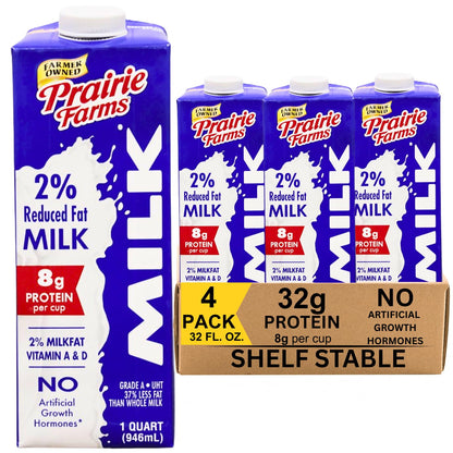 Prairie Farms 2% reduced fat shelf stable milk box, 1 quart, vitamin D, preservative-free, gluten-free, Kosher, made in USA, 4-pack