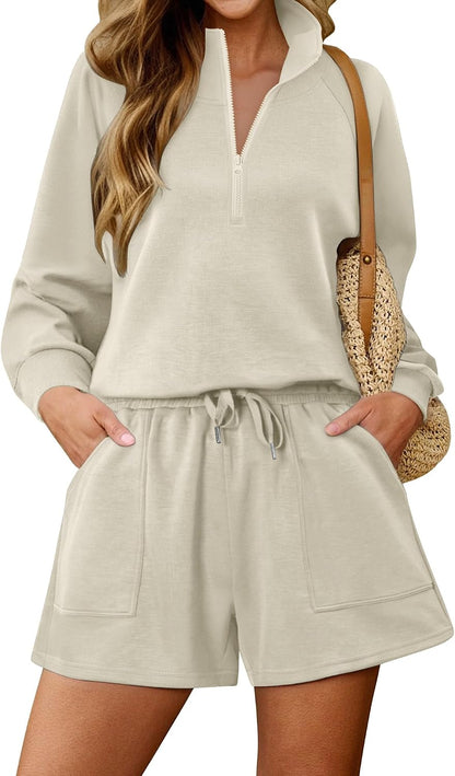 KISSMODA women's lounge set with matching sweatshirt and shorts, casual comfortable outfit for relaxing or lounging at home.