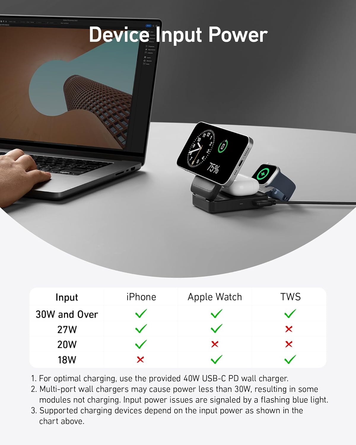 Anker MagGo foldable 3-in-1 wireless charging station with space for phone, Apple Watch, and AirPods on a sleek surface.