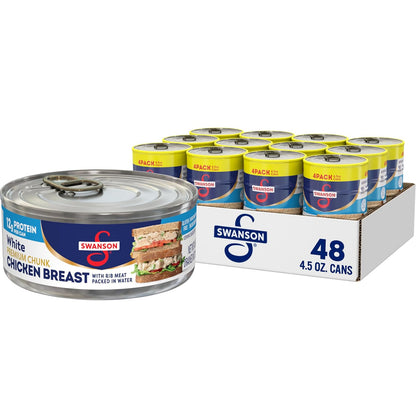 Canned Swanson White Premium Chunk Chicken in Water, 4 cans of 2.4 oz each, showing the product in a white label can