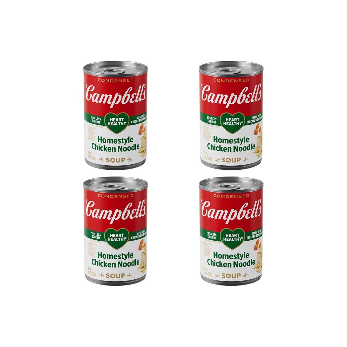 Cans of Campbell's Homestyle Chicken Noodle Soup, 10.5 oz, pack of 12, featuring the classic Campbell's label and soup imagery.
