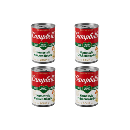 Cans of Campbell's Homestyle Chicken Noodle Soup, 10.5 oz, pack of 12, featuring the classic Campbell's label and soup imagery.