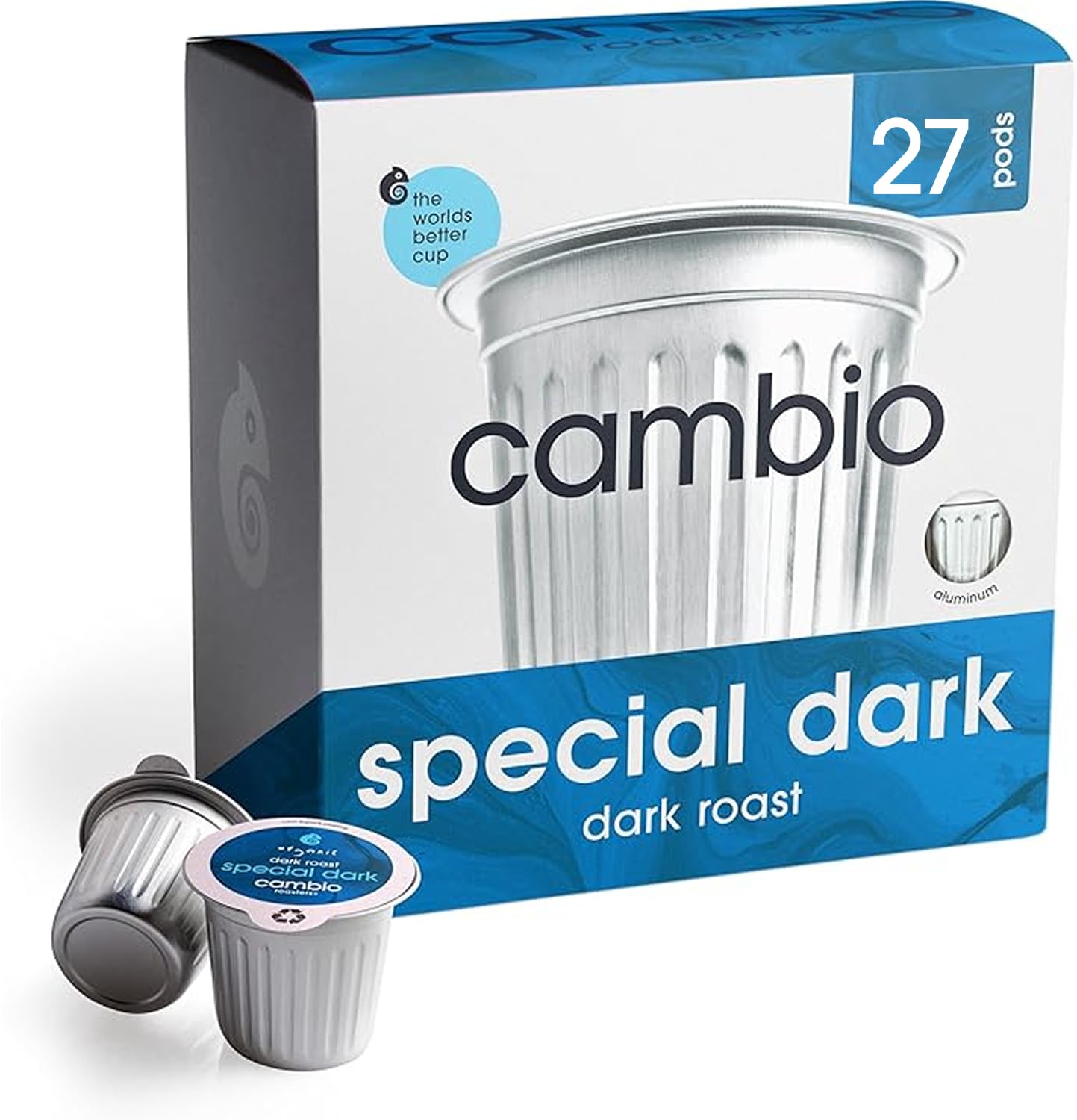Cambio Roasters Colombian organic coffee pods in recyclable aluminum, Keurig compatible, medium roast, bold flavor, 60 count.