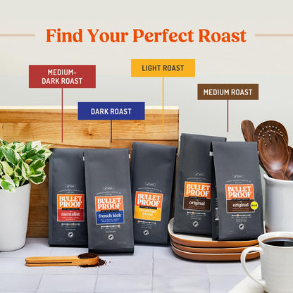 Bulletproof Original Medium Roast Ground Coffee in 12 oz packs, showing three bags of coffee grounds with label details.