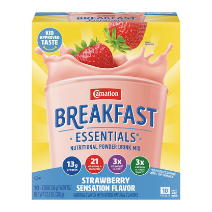 Carnation Breakfast Essentials strawberry instant breakfast drink mix in a glass, showcasing the creamy pink beverage with a straw.