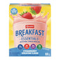 Carnation Breakfast Essentials strawberry instant breakfast drink mix in a glass, showcasing the creamy pink beverage with a straw.