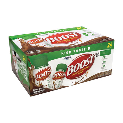 Creamy strawberry BOOST Original Nutritional Drink in 8 oz bottle, pack of 24, with colorful packaging and vibrant strawberry imagery.