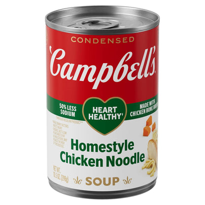 Campbell's Homestyle Chicken Noodle Soup in 10.5 oz can, pack of 12, with image of the soup can featuring the Campbell's logo.