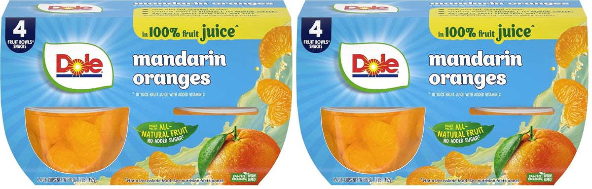 Canned Dole pineapple tidbits and tropical fruit in 4 oz bowls, 12-pack, showing colorful fruit pieces in clear containers.