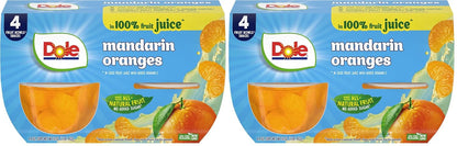 Canned Dole pineapple tidbits and tropical fruit in 4 oz bowls, 12-pack, showing colorful fruit pieces in clear containers.