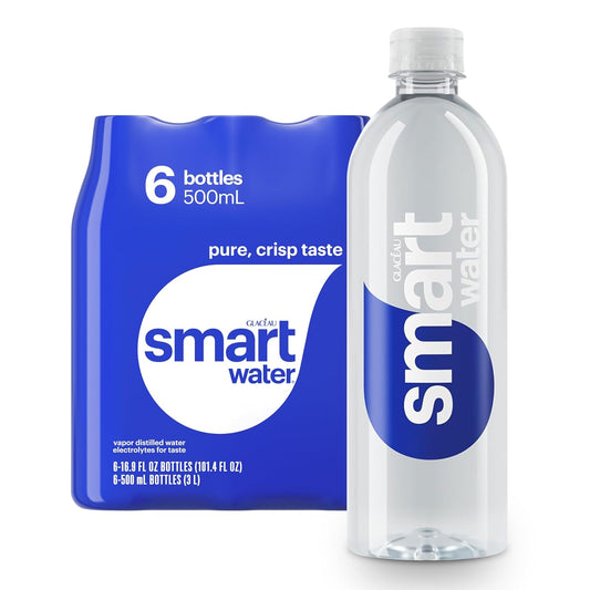 BackupMyFilesNow® smartwater vapor distilled water bottles, 16.9 fl oz, 6-pack, clear plastic bottles with blue caps.