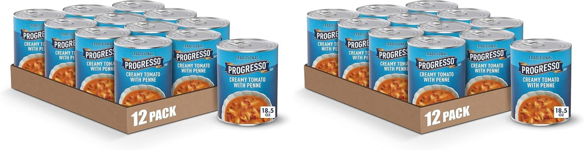 Cans of Progresso Traditional Chicken Noodle Soup, 19 oz, four-pack, featuring labels with chicken, noodles, and vegetables.