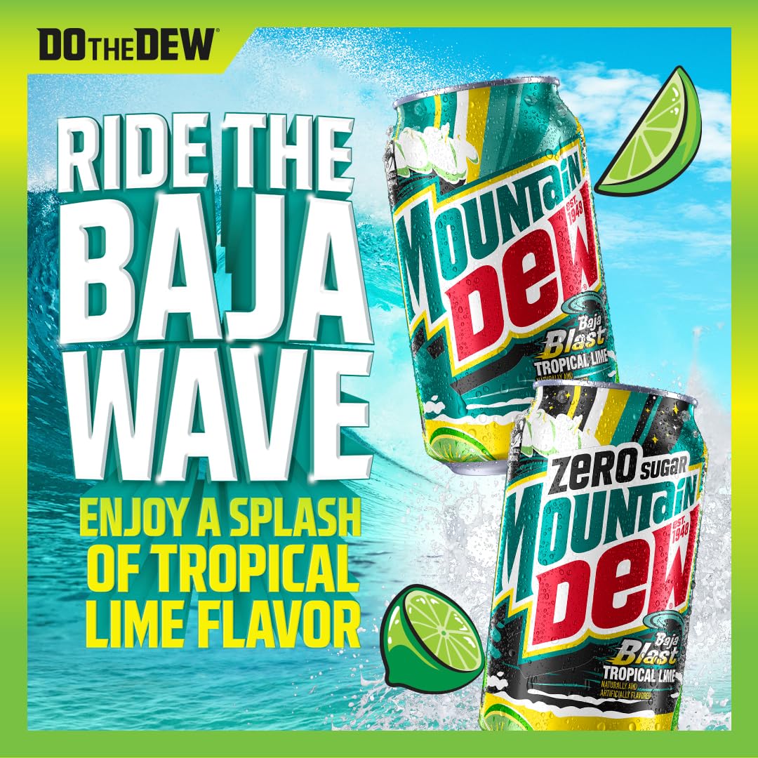 Six Mountain Dew Baja Cabo Citrus Zero Sugar soda cans, 12 fl oz each, in a pack of 12, featuring vibrant citrus-themed design.