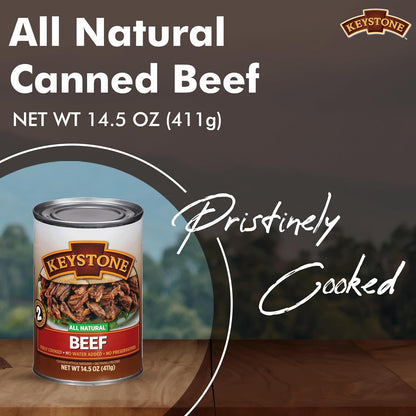 Keystone Meats variety pack with canned beef, chicken, turkey, pork, and ground beef, 14.5 oz and 14 oz cans for pantry storage