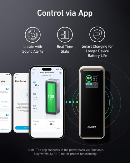 Anker Prime Power Bank 27K 250W portable charging device with multiple ports, black rectangular design, and digital display.