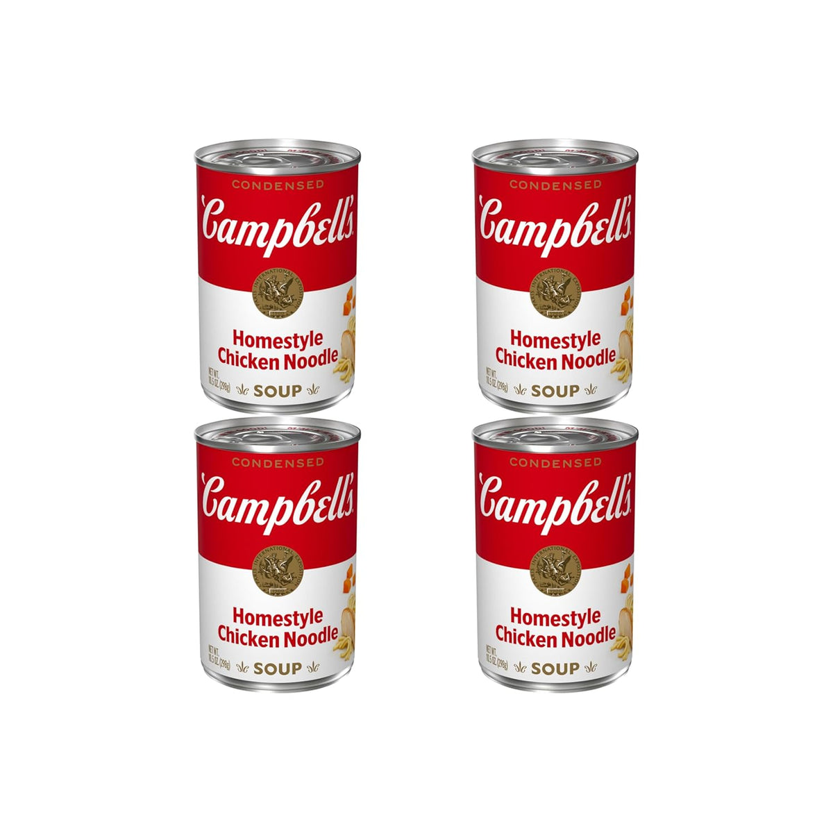 Four 10.75 oz cans of Campbell's condensed chicken noodle soup, packaged in a cardboard box with colorful labels.