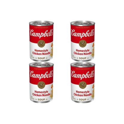 Four 10.75 oz cans of Campbell's condensed chicken noodle soup, packaged in a cardboard box with colorful labels.