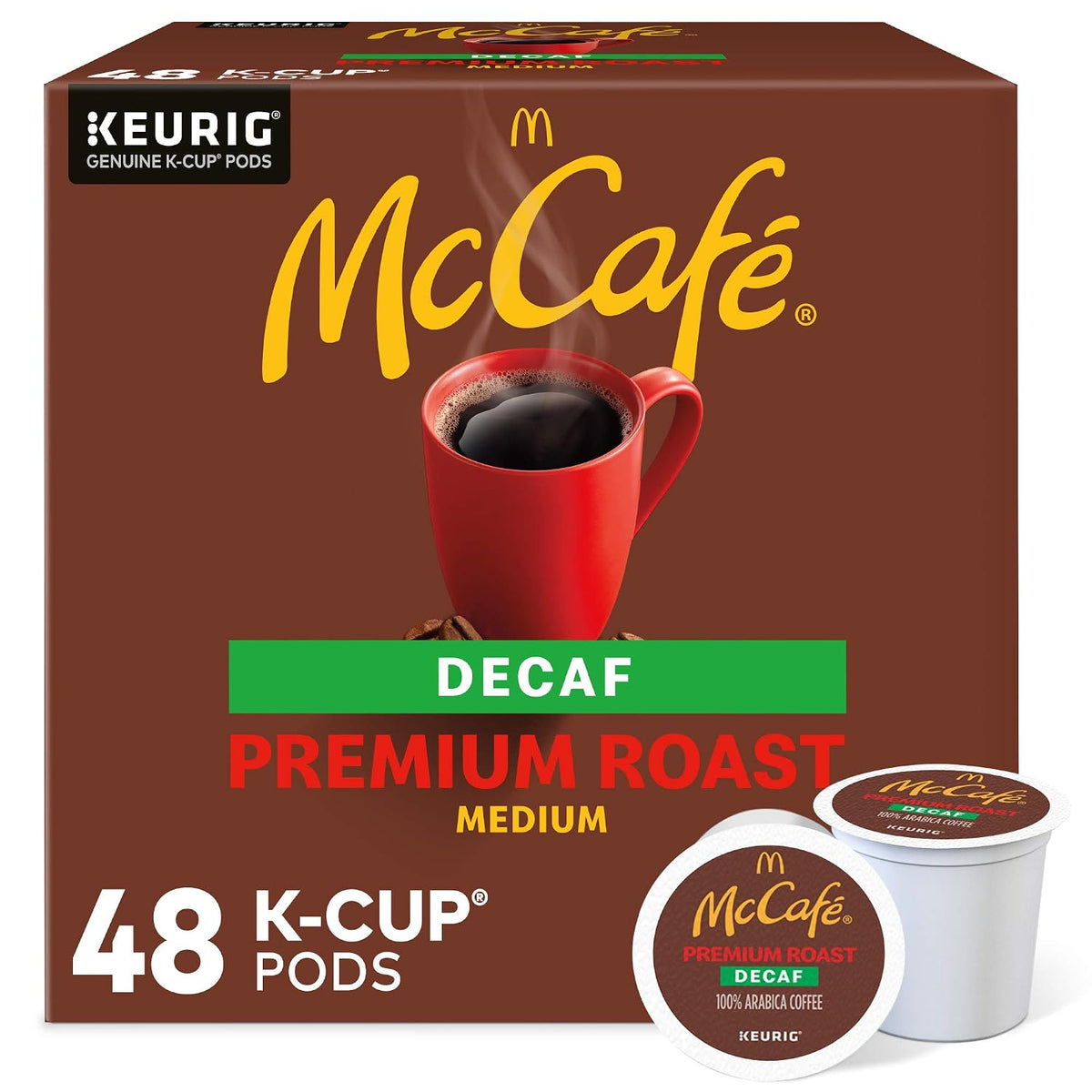 McCafe Premium Roast Decaf K-Cup coffee pods for Keurig, medium roast, 84-count box, single serve coffee pods.