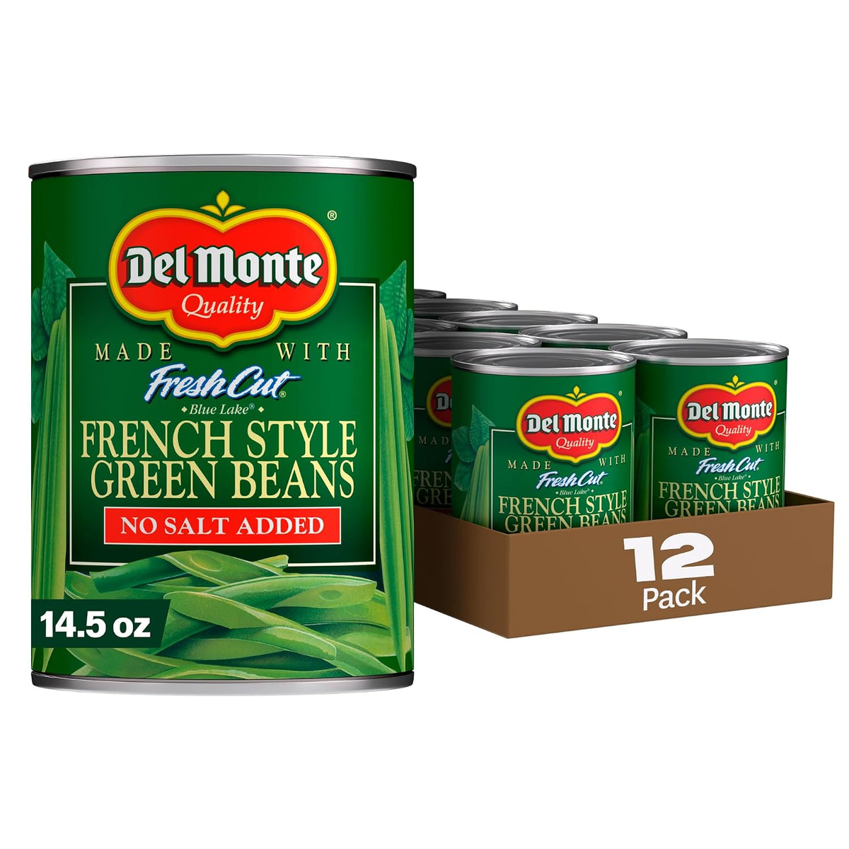 Del Monte FRESH CUT Blue Lake green beans in 14.5 oz cans, showing green beans in a can with label and metal lid.