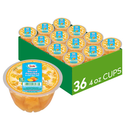 Dole Fruit Bowls diced peaches in 4oz cups, showing bright peach pieces in clear plastic containers.