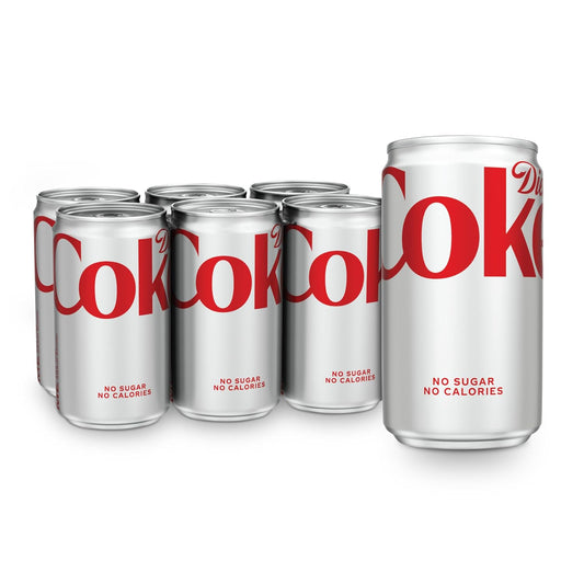 Diet Coke soft drink cans, 12 fl oz each, in a 12-pack fridge pack, featuring classic cola flavor and iconic branding.