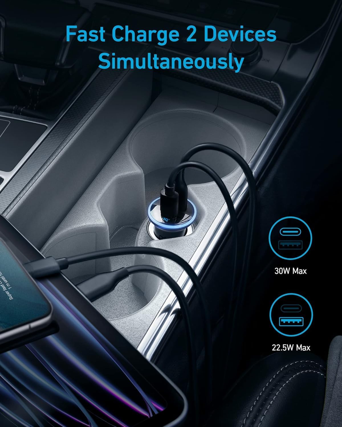 Anker 323 Car Charger with 52.5W power output, compact design, and dual USB ports for fast charging in vehicles