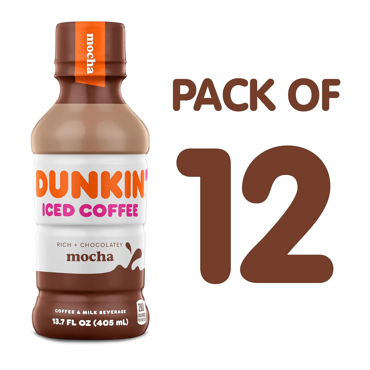 Dunkin' Mocha Iced Coffee in 13.7 fl oz bottles, pack of 12, featuring a cold brew with chocolate flavor in clear bottles.
