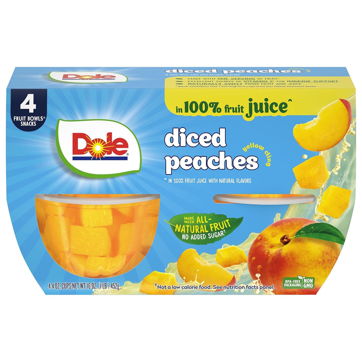 Canned Dole pineapple tidbits and tropical fruit in 4 oz bowls, 12-pack, showing colorful fruit pieces in clear bowls
