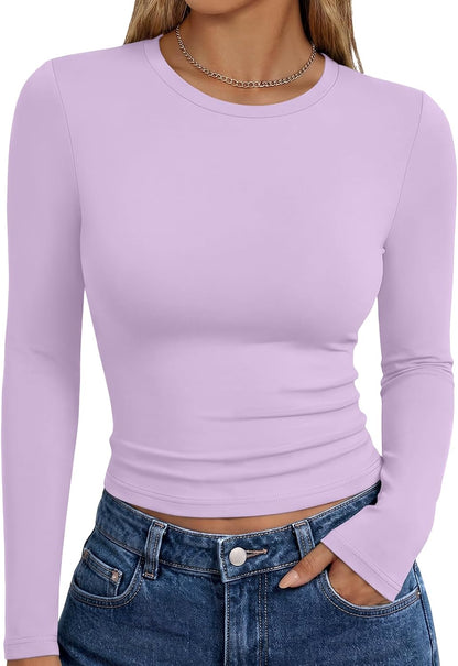 Trendy Queen women's long sleeve T-shirt featuring fall fashion Y2K style, basic casual top with a fitted design.